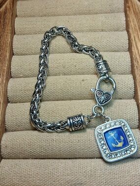 Silver-Tone Blue Anchor Charm Bracelet with Crystal Accents